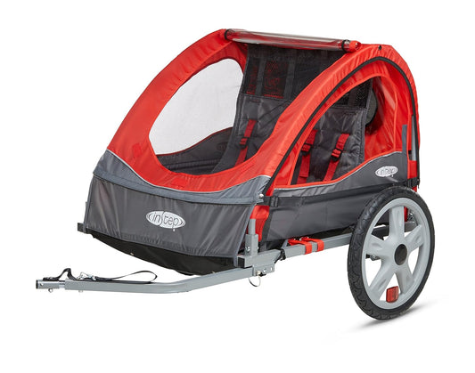 Take 2 Double Seat Bike Child Trailer, Max Weight 80 Lbs., 5-Point Harness, Folding Frame, Quick Release Wheels, Bug Screen & Weather Shield, Red